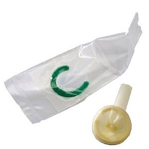 External male catheter with adhesive and green clip, medical urology supply on white background