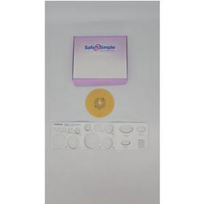 Ostomy barrier ring, adhesive patches, and Safe n Simple box on a white background