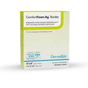 ComfortFoam Ag Border wound dressing box with soft silicone adhesive and silver, 4x4 inches, 10 count