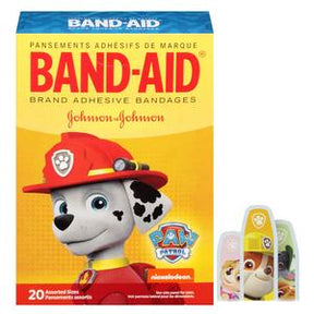 Paw Patrol themed Band-Aid box with character bandages, assorted adhesive medical bandages