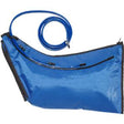 Blue medical fluid drainage bag with attached flexible tube on white background