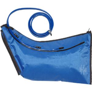 Blue medical fluid drainage bag with attached flexible tube on white background