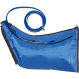 Blue medical fluid drainage bag with attached flexible tube on white background