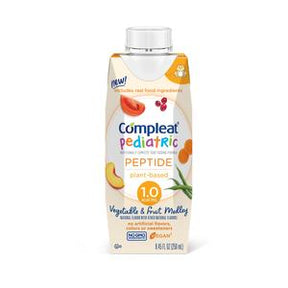 Compleat Pediatric Peptide plant-based tube feeding formula, 8 fl oz carton with vegetable and fruit illustrations