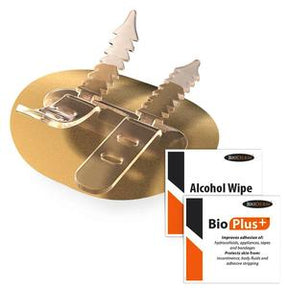 Medical adhesive device with two alcohol wipes for secure home medical attachment