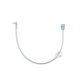 Medical extension tube with blue cap and L-shaped connector on a white background