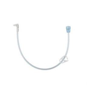 Medical extension tube with blue cap and L-shaped connector on a white background