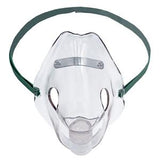 Clear oxygen therapy face mask with green elastic strap for medical respiratory support