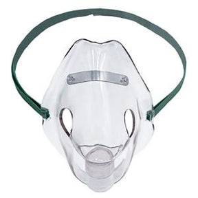Clear oxygen therapy face mask with green elastic strap for medical respiratory support