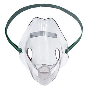 Clear oxygen therapy face mask with green elastic strap for medical respiratory support