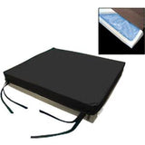 Black wheelchair seat cushion with cover, gel and foam layers, and securing straps