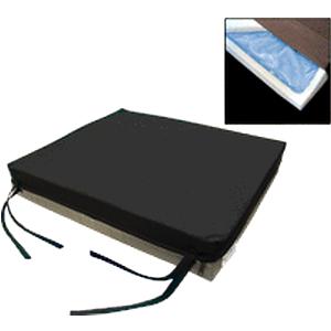 Black wheelchair seat cushion with cover, gel and foam layers, and securing straps