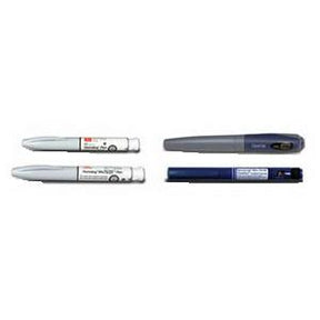 Medical insulin delivery pens for diabetes management on white background