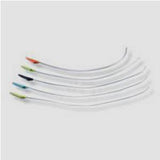 Curved medical catheters with colored tips arranged on a light background