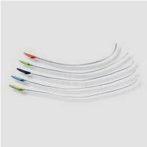 Curved medical catheters with colored tips arranged on a light background