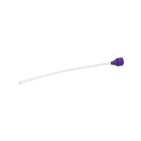 Medical feeding tube with purple cap on white background, essential home health supply.