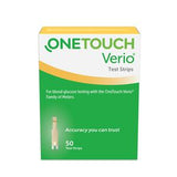 OneTouch Verio test strips box for blood glucose monitoring, 50 count, on white background