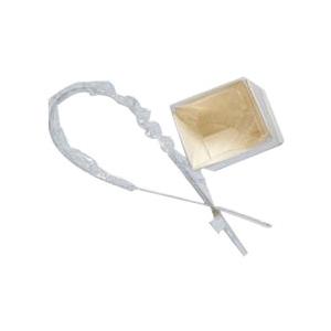 Medical urine collection bag with attached tubing on a white background
