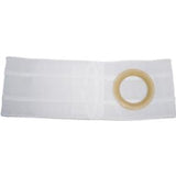 White ostomy belt with circular stoma support ring, medical supply for chronic care