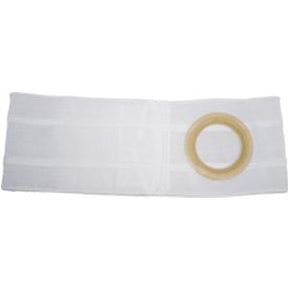 White ostomy belt with circular stoma support ring, medical supply for chronic care