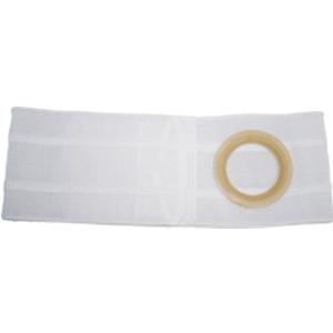White ostomy belt with circular stoma support ring, medical supply for chronic care