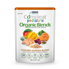 Compleat Pediatric Organic Blends Chicken-Garden Blend tube feeding pouch, 300mL, assorted vegetables and chicken pictured