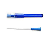 Blue medical catheter with protective sleeve and white flexible tube on white background