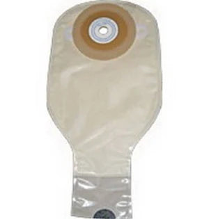 Beige ostomy bag with adhesive barrier for medical use, shown on white background