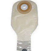 Beige ostomy bag with adhesive barrier for medical use, shown on white background