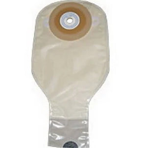 Beige ostomy bag with adhesive barrier for medical use, shown on white background