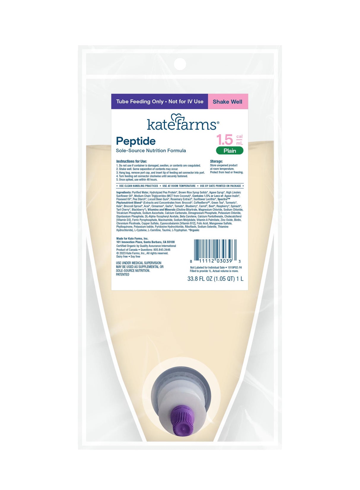 Kate Farms Peptide 1.5 Plain, Closed System, Ready-to-hang, 1000 Ml