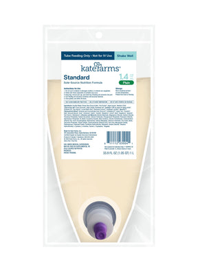 Front view of Kate Farms Standard 1.4 cal tube feeding nutrition formula pouch with label.