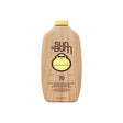 Sun Bum SPF 70 sunscreen lotion bottle with wood grain design, broad spectrum UV protection