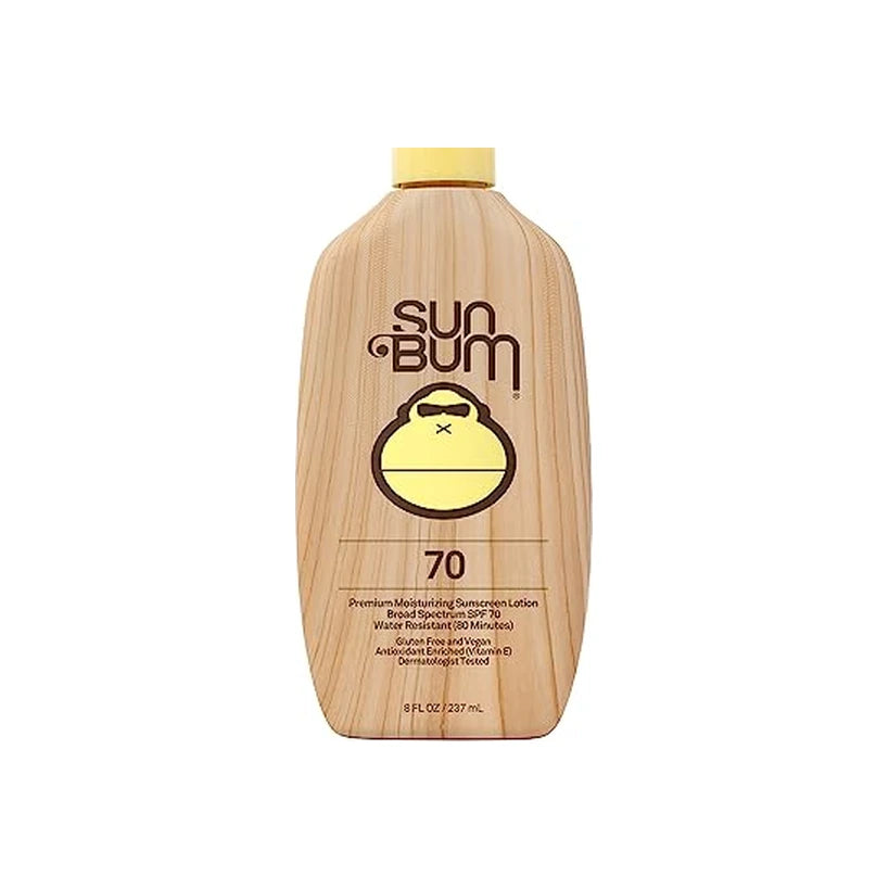 Sun Bum SPF 70 sunscreen lotion bottle with wood grain design, broad spectrum UV protection