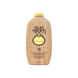 Sun Bum SPF 70 sunscreen lotion bottle with wood grain design, broad spectrum UV protection