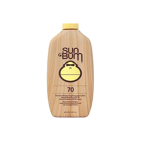 Sun Bum SPF 70 sunscreen lotion bottle with wood grain design, broad spectrum UV protection