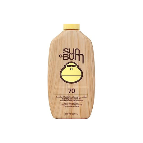 Sun Bum SPF 70 sunscreen lotion bottle with wood grain design, broad spectrum UV protection