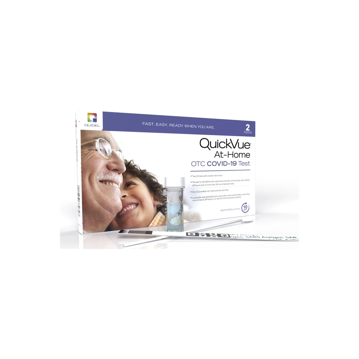 QuickVue at-home COVID-19 test kit with two tests, nasal swab, and smiling family on box