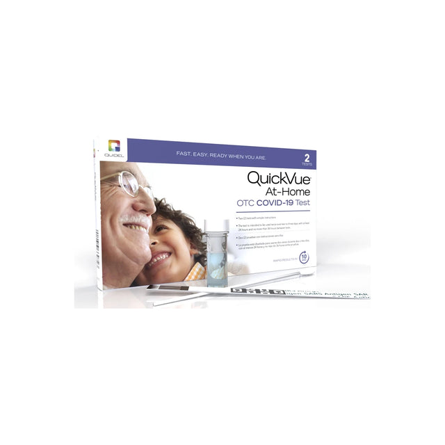 QuickVue at-home COVID-19 test kit with two tests, nasal swab, and smiling family on box