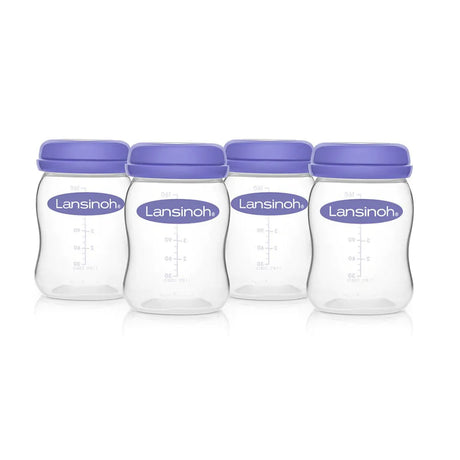 Set of four Lansinoh breast milk storage bottles with purple lids on white background