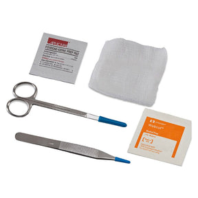 Sterile medical wound care kit with gauze, prep pads, scissors, and tweezers on white background