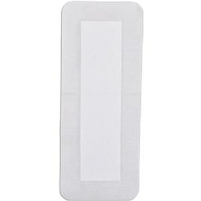 rectangular white adhesive medical bandage pad on plain background