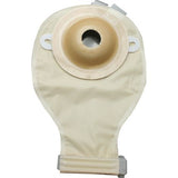 Deep convex round post-operative drainable ostomy pouch with beige fabric backing