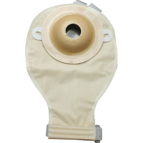 Deep convex round post-operative drainable ostomy pouch with beige fabric backing