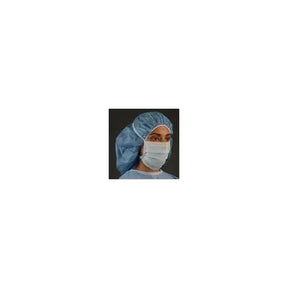 Person wearing blue surgical cap, face mask, and gown for medical use