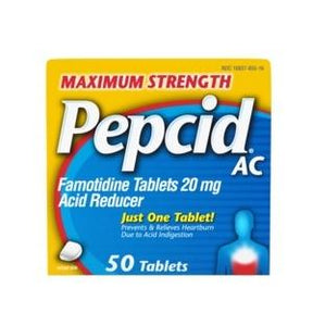 Pepcid AC Maximum Strength 50 tablets box, famotidine acid reducer heartburn relief