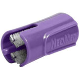 Purple NeoMed medical brush cap for cleaning, with white internal bristles, closeup