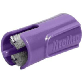 Purple NeoMed medical brush cap for cleaning, with white internal bristles, closeup