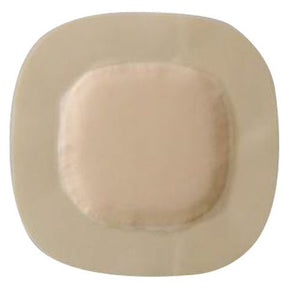 Hydrocapillary adhesive wound dressing with beige absorbent center and rounded edges