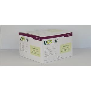 V-Go 40 medical supplies box with purple and yellow labels on white background